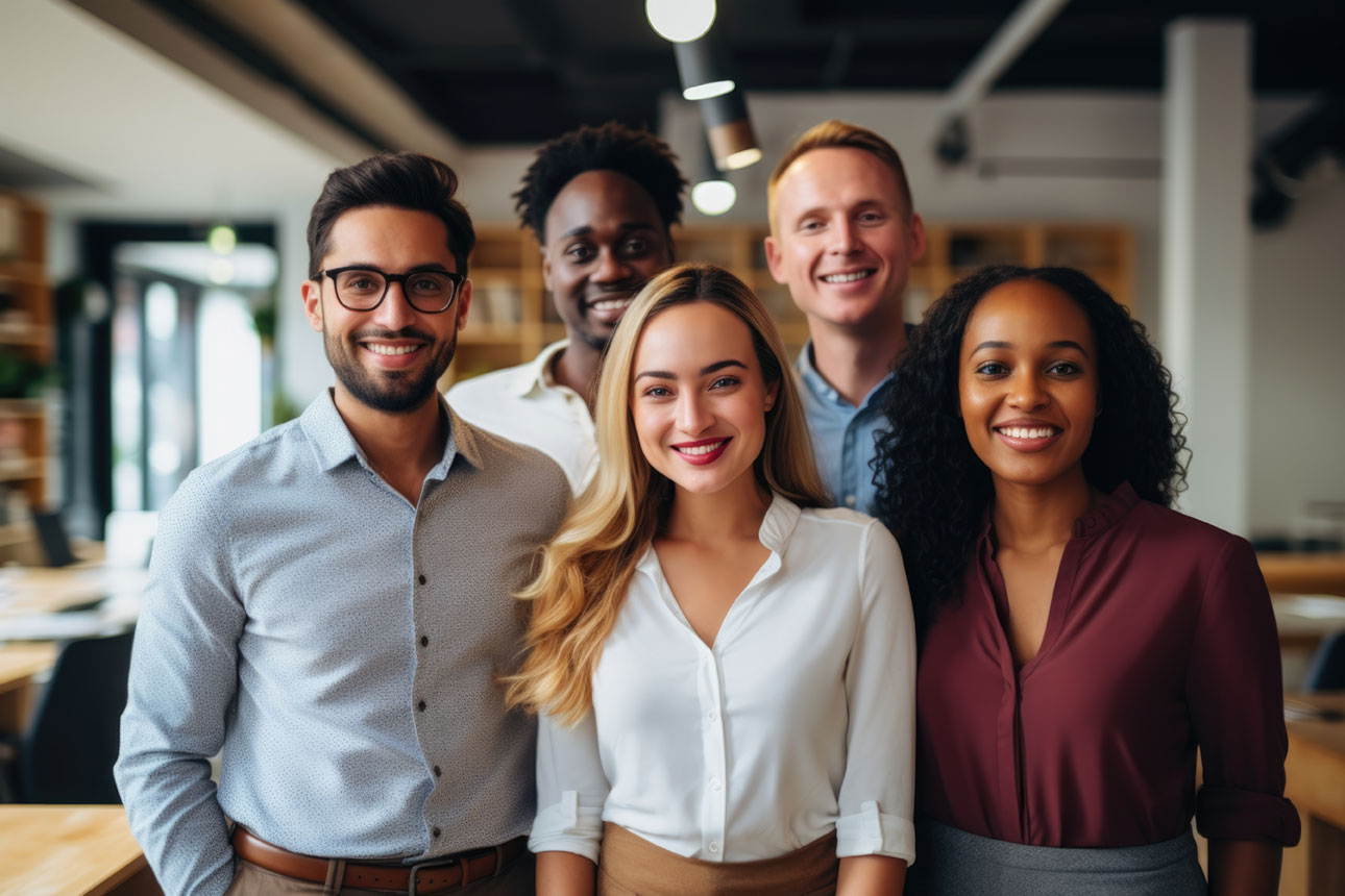 Group of people standing together in work place showing diversity